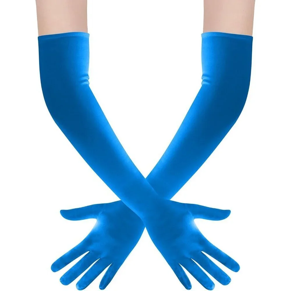 Women's Blue Long Satin Opera Fabric Gloves Party Tea Stretchy Elbow Length